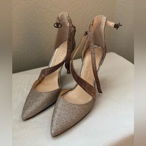 Jessica Simpson Gold Glitter Pointed Toe Crisscross Ankle Strap Heels
